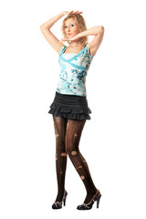 Playful pretty young blonde in torn pantyhose