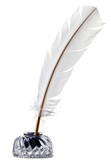 White feather quill pen and inkwell isolated