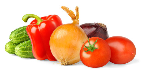 Isolated vegetables. Fresh salad ingredients (tomato, onions, bell pepper and cucumber) isolated on white background