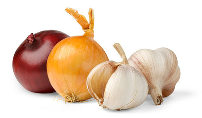 isolated spices. Two heads of garlic and onions of different color isolated on white background