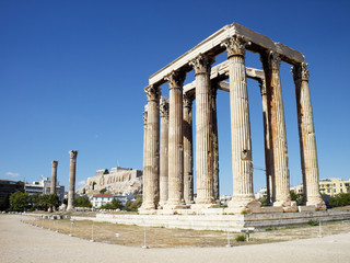Ruins of Olympian Zeus temple, and Acropolis of Athens