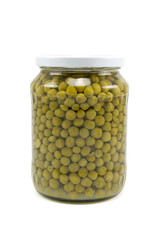 Glass jar of preserved peas on white background