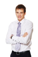 Young happy businessman isolated on white background