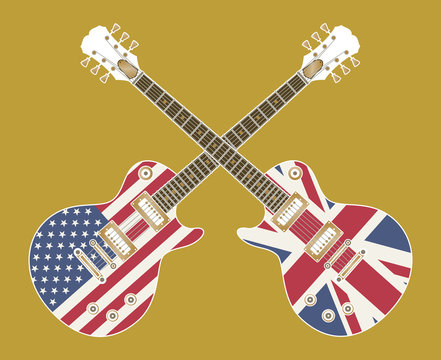 electric guitars with USA and UK flags