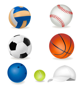 Set of sport balls and tennis cap. Vector