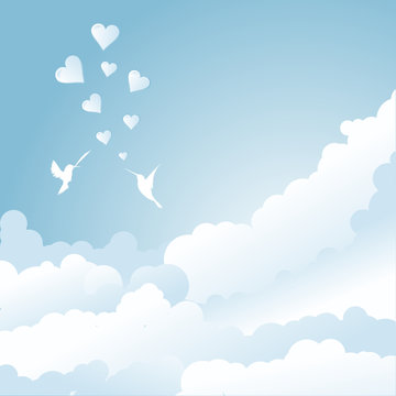 bird's love in blue sky with clouds and hearts