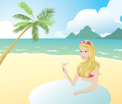 girl on a beach drinking. Palm, ocean and blue sky