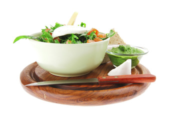 salad with smoked salmon in green bowl