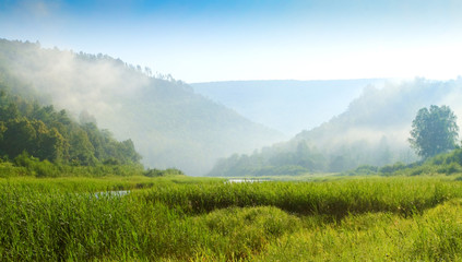 Fototapeta premium Southern Urals. Mountains and river. Sunrise