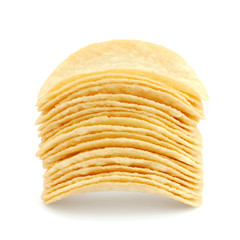 Stack of potato chips isolated on white background