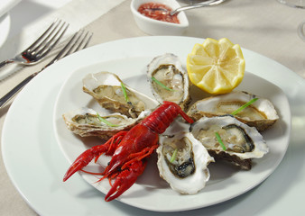 A seafood appetiser with Oysters and crayfish