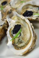 An opened oyster with caviar close up