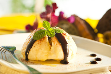 Sweet steamed dumplings with chocolate sauce