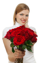 young beautiful woman with a bunch of roses