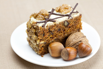 Piece of cake with nuts lying on the plate