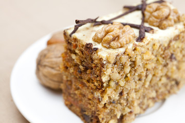 Piece of cake with nuts lying on the plate
