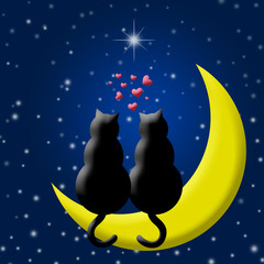 Happy Valentines Day Cats in Love Sitting on Moon