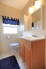 Bathroom with with simple cabinet and blue curtains