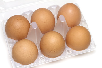 Box of six fresh brown eggs