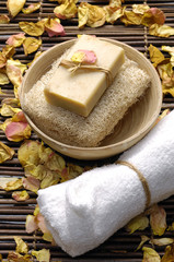 Spa bath setting -soap and rose withered petals