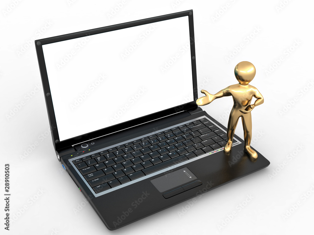 Poster man with laptop on white isolated background