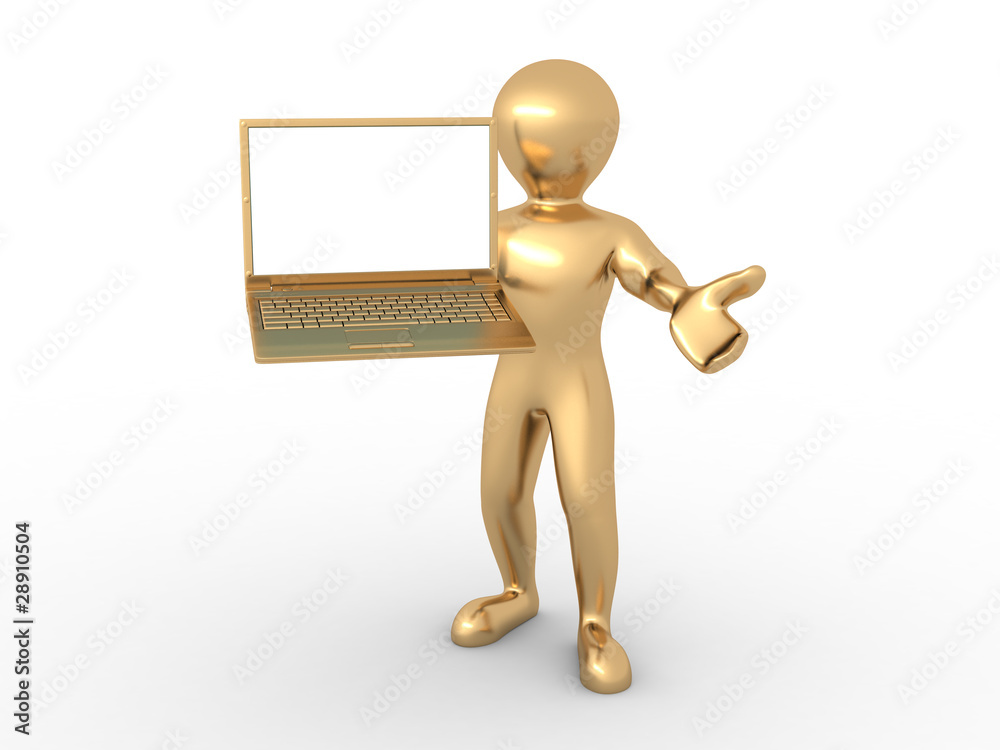 Poster man with laptop on white isolated background