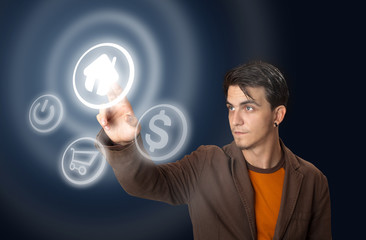 man pressing a touchscreen button