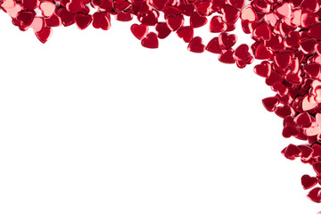 Velentines red confetti hearts against white background