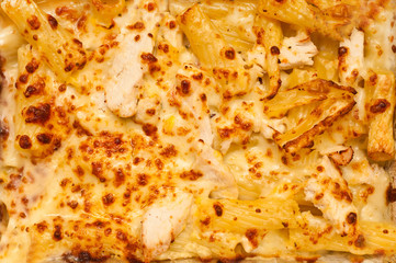 Pasta alfredo with chicken. Background