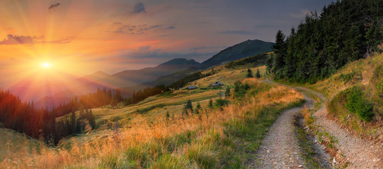 Summer landscape in the mountains. Sunset
