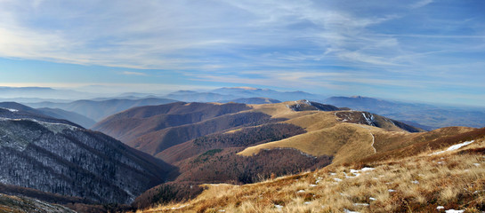 Late autumn mountain meadows panorama