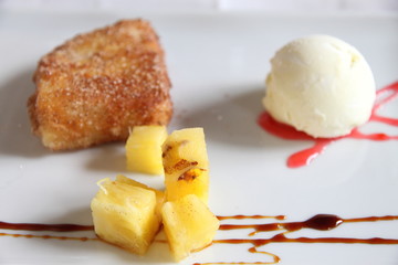 Fried milk Leche frita pinneaple and olive oil ice cream Spain