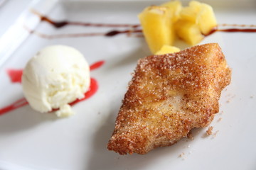 Fried milk Leche frita  pinneaple and olive oil ice cream