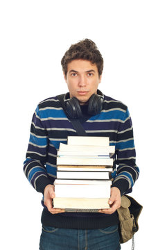 Sad student male carrying books