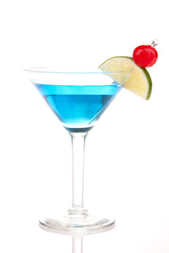 Blue Martini cocktail eith lime and cherry