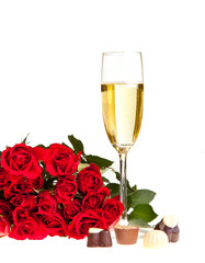 Valentine's day roses and champagne wine isolated on white