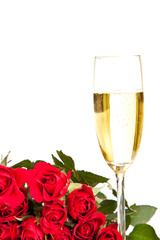 Valentine's day roses and champagne wine isolated on white