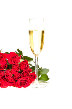 Valentine's day roses and champagne wine isolated on white