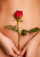 Nude caucasian woman holding red rose