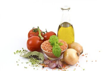fresh vegetables, lentils, spices and olive oil