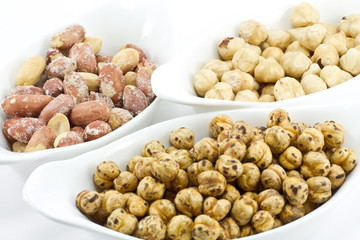 Various nuts; roasted chickpeas, peanuts, hazelnuts