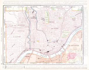 Fototapeta na wymiar Szczegółowe Antique Ulica Kolor Mapa miasta Cincinnati, Ohio, USA
