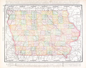 Fototapeta na wymiar Antique Vintage Kolor Mapa Iowa, Stany Zjednoczone, Stany Zjednoczone Ameryki