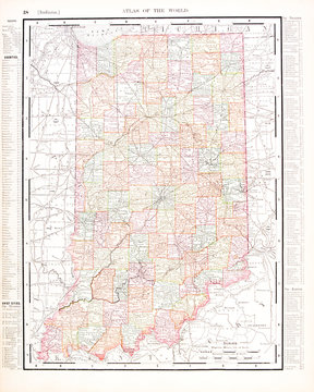Antique Vintage Color Map of Indiana, United States