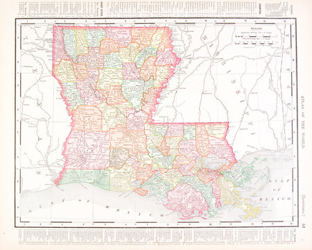 Antique Vintage Color Map of Louisiana, United States, USA