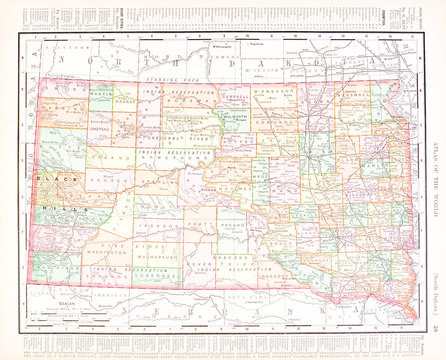 Antique Vintage Color Map of South Dakota, United States, USA
