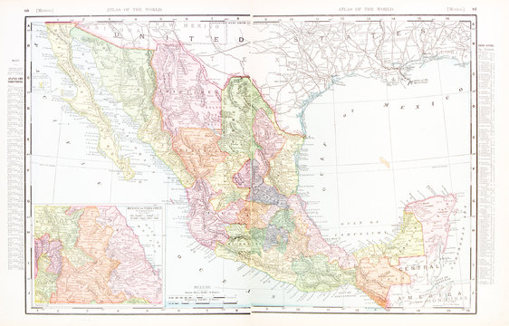 Antique Vintage Color English Map of Mexico