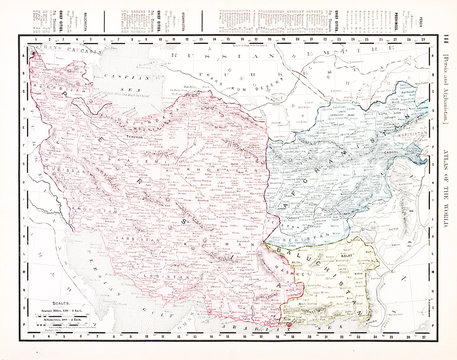 Antique Vintage Color English Map of Iran and Afganistan