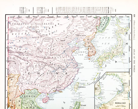 Antique Vintage Color English Map of China, Korea, Japan
