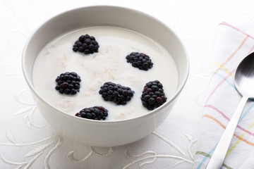 Cooked oatmeal and fruit.